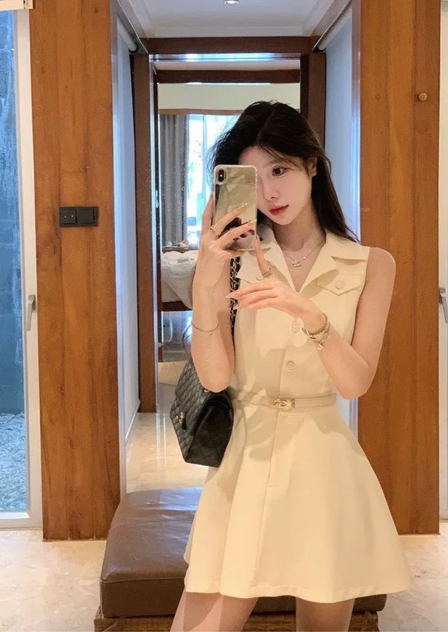 เดรสแฟชั่น เดรสคอปก เรียบหรูสไตล์ลูกคุณ โทนสีแอปริคอท