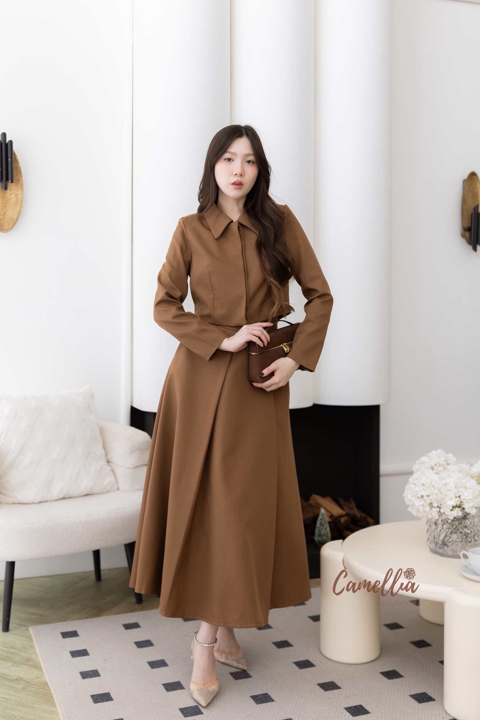 ชุดเซทแฟชั่น ชุดSet เสื้อเชิ๊ตแขนยาวกระดุมซ่อน + กระโปรงเอวสูงจับจีบด้านหน้า