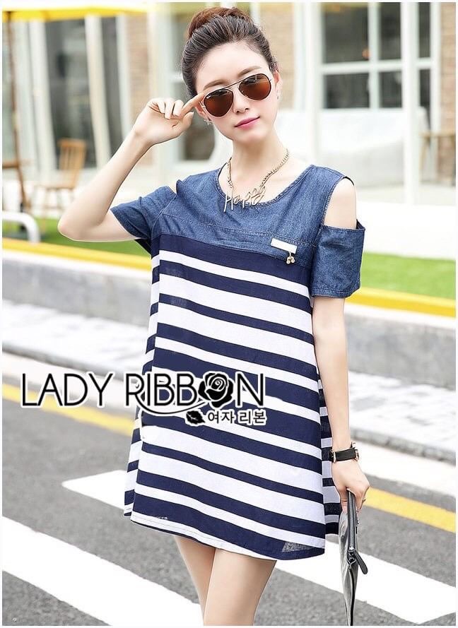 Lady Ribbon's Made Lady Rita Casual Style Cut-Out Denim เดรสผ้าเดนิมตัดต่อผ้าคอตตอนลายขวางสุดเก๋