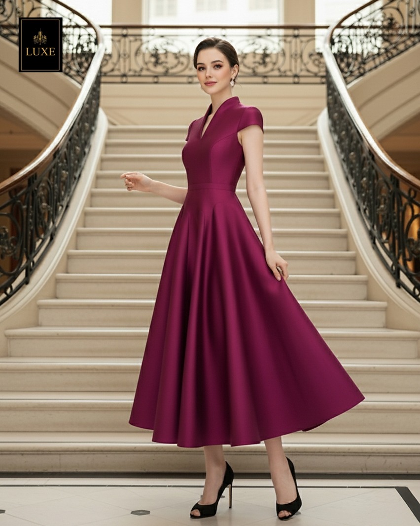 เดรสแฟชั่น เดรสเสื้อคอตั้ง แขนสั้น กระโปรงบาน