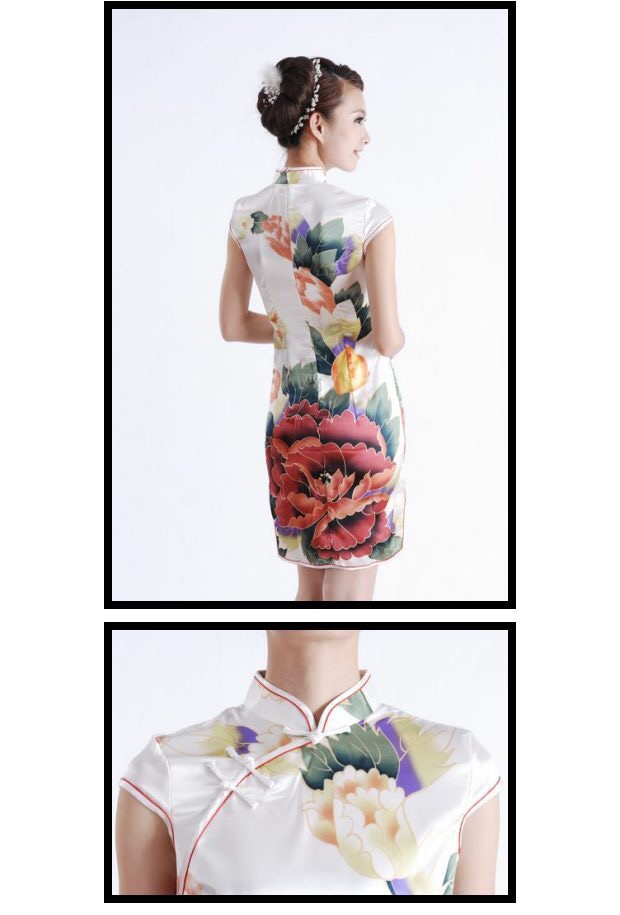 ชุดกี่เพ้าประยุกต์ กี่เพ้าจีน สีขาวมุก แต่งลายดอกเบญจมาศ สวยหรูมากคะ SIZE M