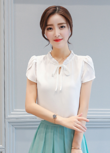 KTFN เสื้อแฟชั่นผ้าชีฟองอย่างดี คอระบายผูกโบว์ 17DC007 แขนกลีบบัว สีขาว