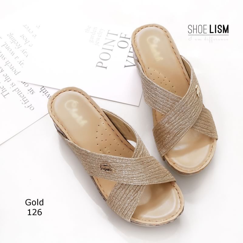 พร้อมส่ง รองเท้าส้นเตารีดหน้าไขว้ สไตล์ลำลองแบบสวมหนังกลิตเตอร์ นิ่มแบบสวมไขว้