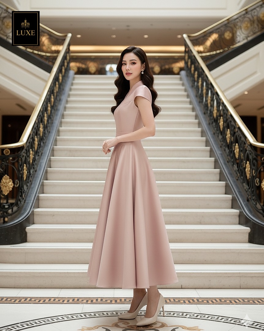 เดรสแฟชั่น เดรสเสื้อคอตั้ง แขนสั้น กระโปรงบาน