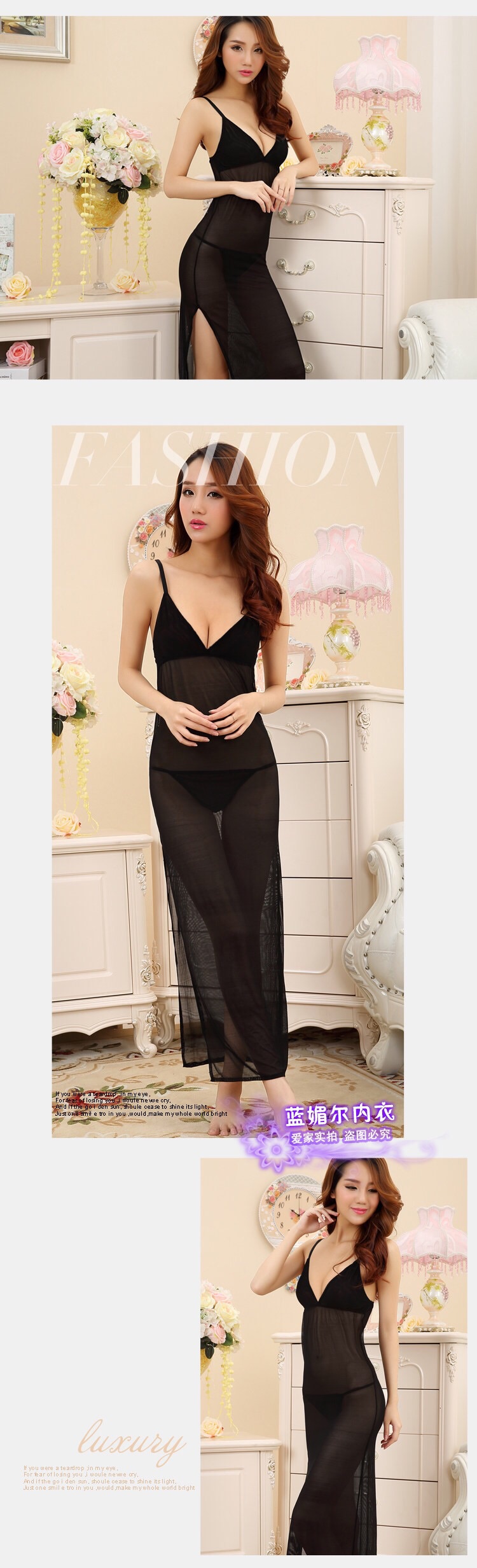 ชุดนอน ผ้าซาติน สีดำ สายไขว้ ด้านหลัง ชุดกระโปรงยาวสไตล์กี่เพ้า ผ่าสูงโชว์เรียวขาด้านข้าง เพิ่มความเย้ายวน เนื้อผ้าเย็น มีน้ำหนัก สวยมาก ใส่แล้วนุ่มลื่น เนื้อเนียนมากๆเลยคะ โชว์ร่องอกเพิ่มความเย้ายวน สไตล์ชุดเรียบๆ แต่ดูไฮโซ แบบหรูหรา คุ้มค่ามากๆ คะ +G st