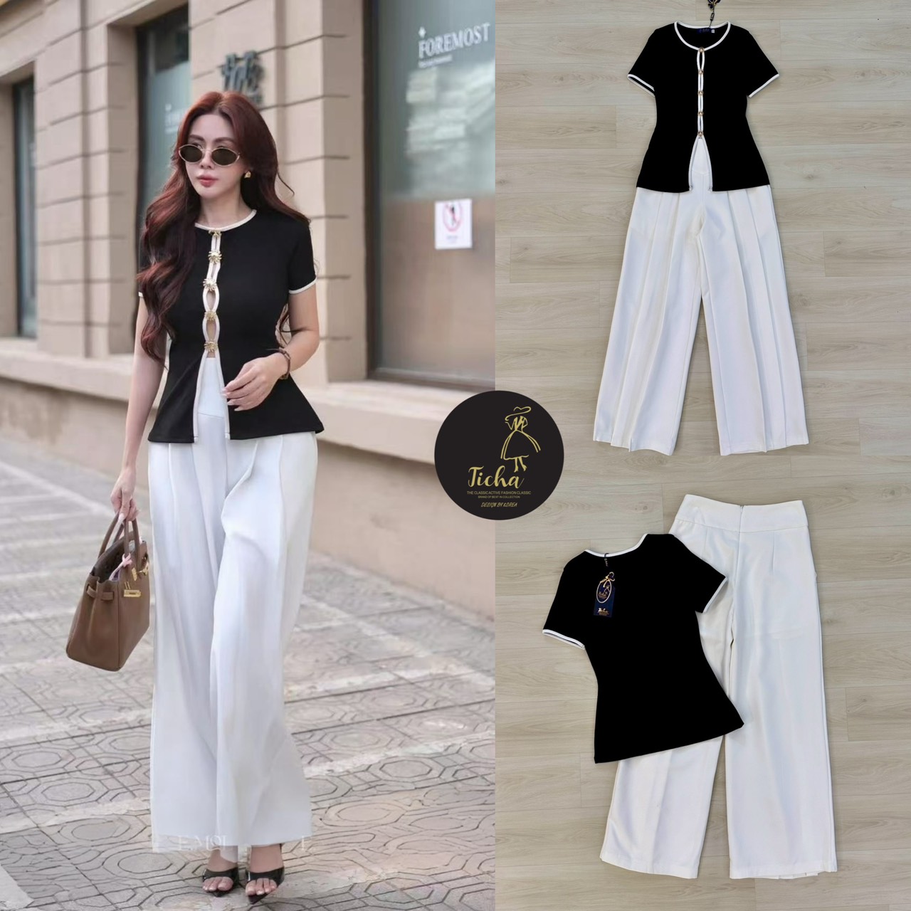 ชุดเซทแฟชั่น เสื้อยืด+กางเกงขายาว เสื้อแขนสั้นสีดำคอกลมแต่งกุ้นขอบคอ