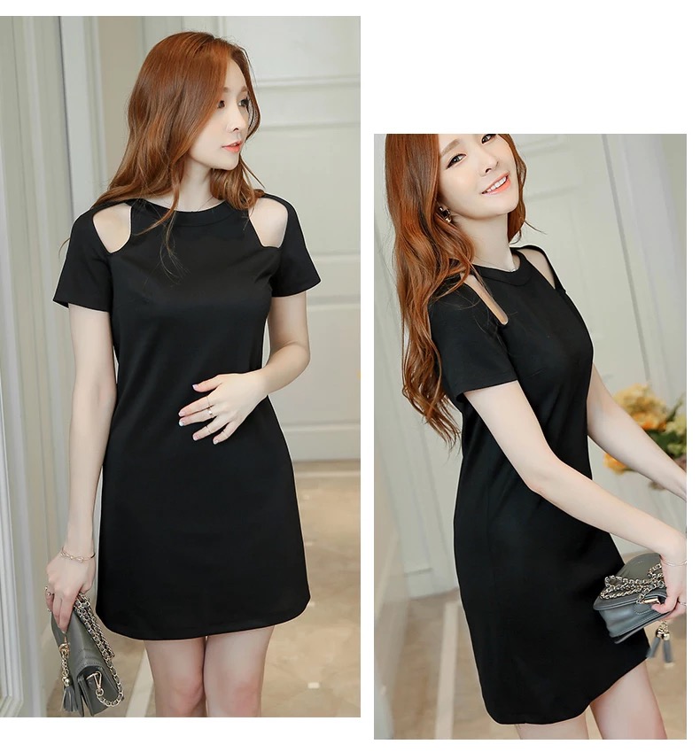 ชุดเดรสสั้น เดรส สีดำ แต่งเว้าไหล่ สวยเปรี้ยว มากคะ SIZE s/M