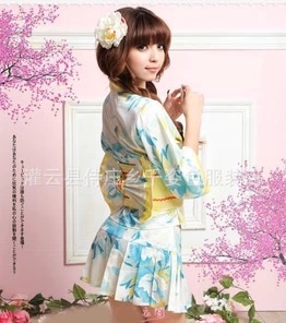 ชุดคอสเพลย์ แฟนซี ญี่ปุ่น กิโมโนสั้น ประยุกต์ ชุดคลุมเซ็กซี่ ลายดอก สีเขียวอมฟ้า แต่งสายคาด และขลิบขอบเหลือง กระโปรงจีบรอบ สวยหวาน น่ารัก แบบคุณหนูโนเน๊ะ +G stringเข้าชุดคะ