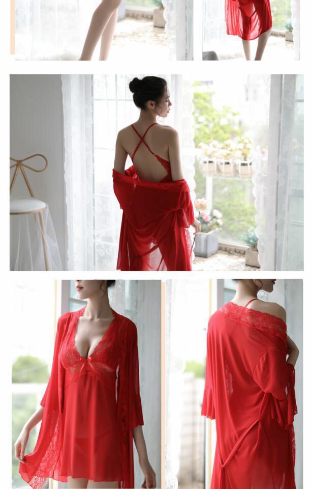 เซ็ทชุดคลุมนอน เซ็ดชุดนอน สายเดี่ยว+ชุดคลุมนอน ซีทรูสีนูทพีช แต่งลูกไม้ สวย หรู งาน เซ็กซี่มากๆคะ สำเนา