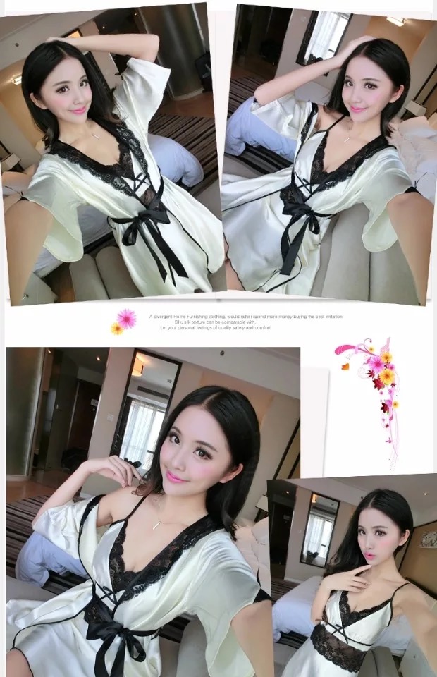 Set ชุดนอน เซ็ทชุดคลุมนอน+ สายเดี่ยวสีขมพูอ่อน แต่งลูกไม้ดำ