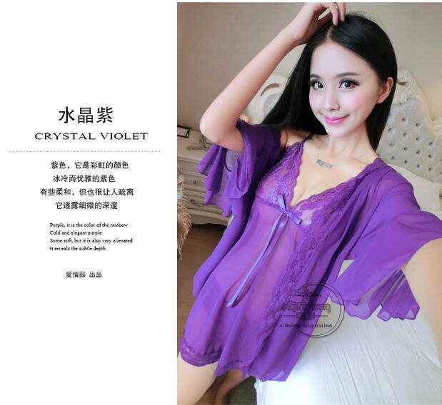 ชุดคลุม เซ็ท ชุดนอนสายเดี่ยว แต่งระบายเนื้อผ้าซีทรู สีม่วง ผ้าเกรดพรีเมี่ยม ทิ้งตัว สวยหรู มีน้ำหนัก
