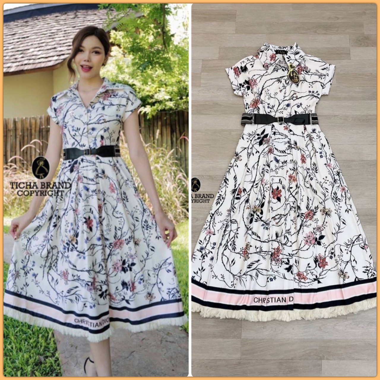 Maxi เดรส ตัวยาวแขนสั้น คอปก ด้านหน้าแต่งกระดุมครึ่งตัว ใช้งานได้จริง งานพิมพ์ลายทั้งชุด ช่วงชายกระโปรงแต่งขนพู่ลุ่ยๆ มาคู่กับเข็มขัดหนังต่อผ้ายางยืดปรับระดับได้ ทรงสวย ผ้าพริ้วใส่สบาย สวยหรูดูดีมากเลยค่า