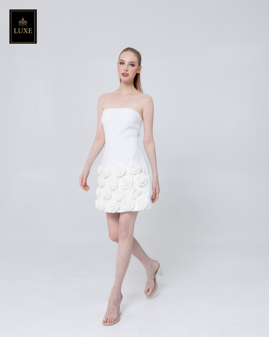 เดรสแฟชั่น เดรสเสื้อเกาะอก กระโปรงทรงเอ ทำจากผ้าฝ้ายผสมโพลีเอสเตอร์ เนื้อนุ่มยืดหยุ่น ใส่สบาย