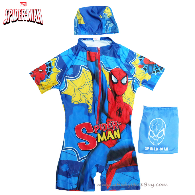 ฮ Size M - ชุดว่ายน้ำเด็กผู้ชาย Spiderman สีน้ำเงิน บอดี้สูทเสื้อแขนสั้นกางเกงขาสั้น สกรีนลาย Spiderman มาพร้อมหมวกว่ายน้ำ สุดเท่ห์ ใส่สบาย ลิขสิทธิ์แท้ (สำหรับเด็กอายุ 6-7 ปี)