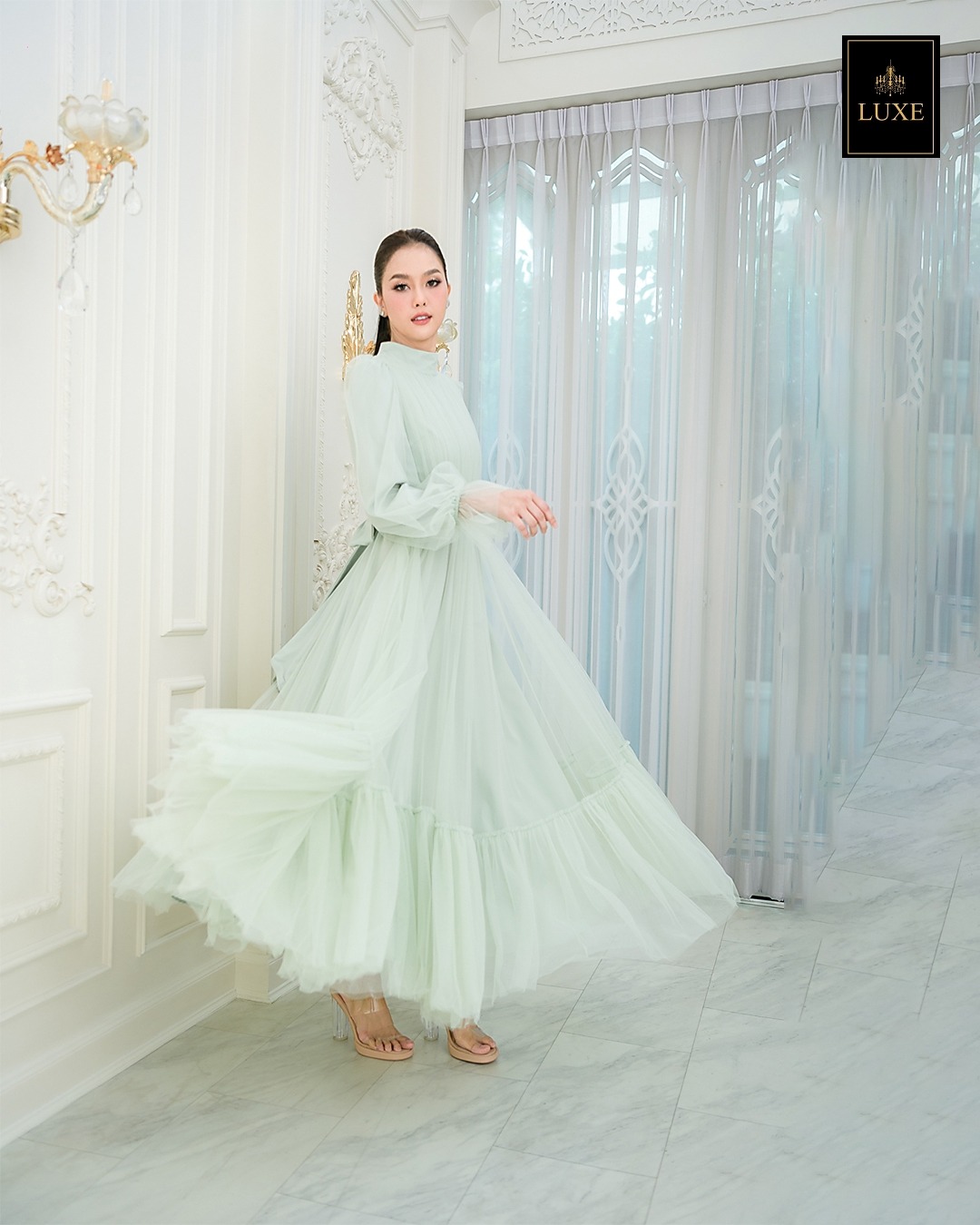 เดรสแฟชั่น แม็กซี่เดรสเสื้อคอปีนแขนยาว กระโปรงบานต่อชายรูดระบายรอบตัว