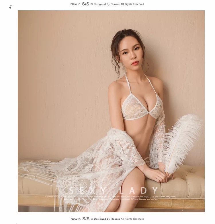 ชุดคลุมเซ็กซี่ ชุดคลุมซีทรู + Bikini set สีขาว สวยหรู แต่งชาย พู่ระย้า เซ็กซี่มากๆคะ สำเนา