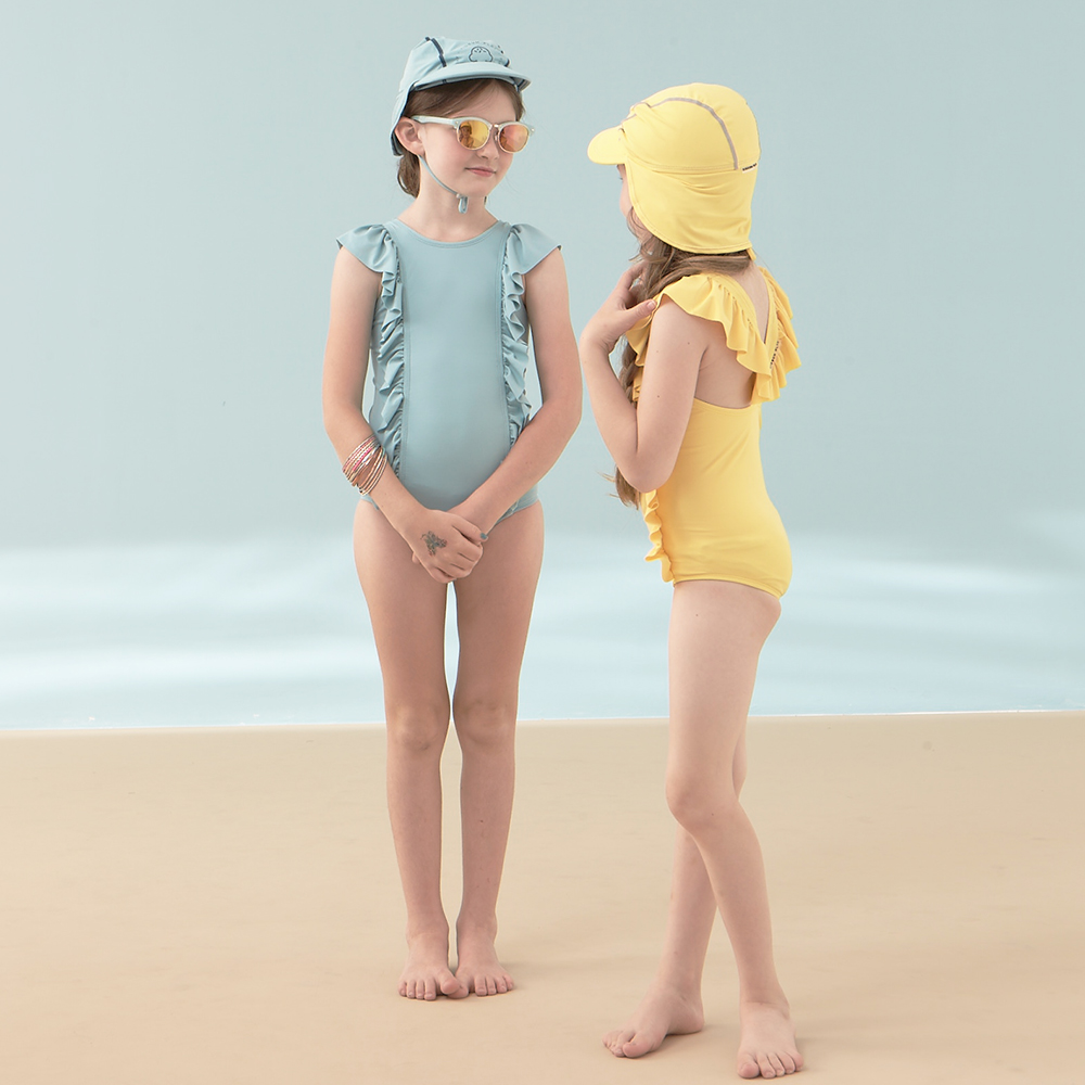 kidsumplay oneshoulder ruffle ชุดว่ายน้ำเด็กหญิงป้องกัน UV แบบระบายไหล่และข้าง