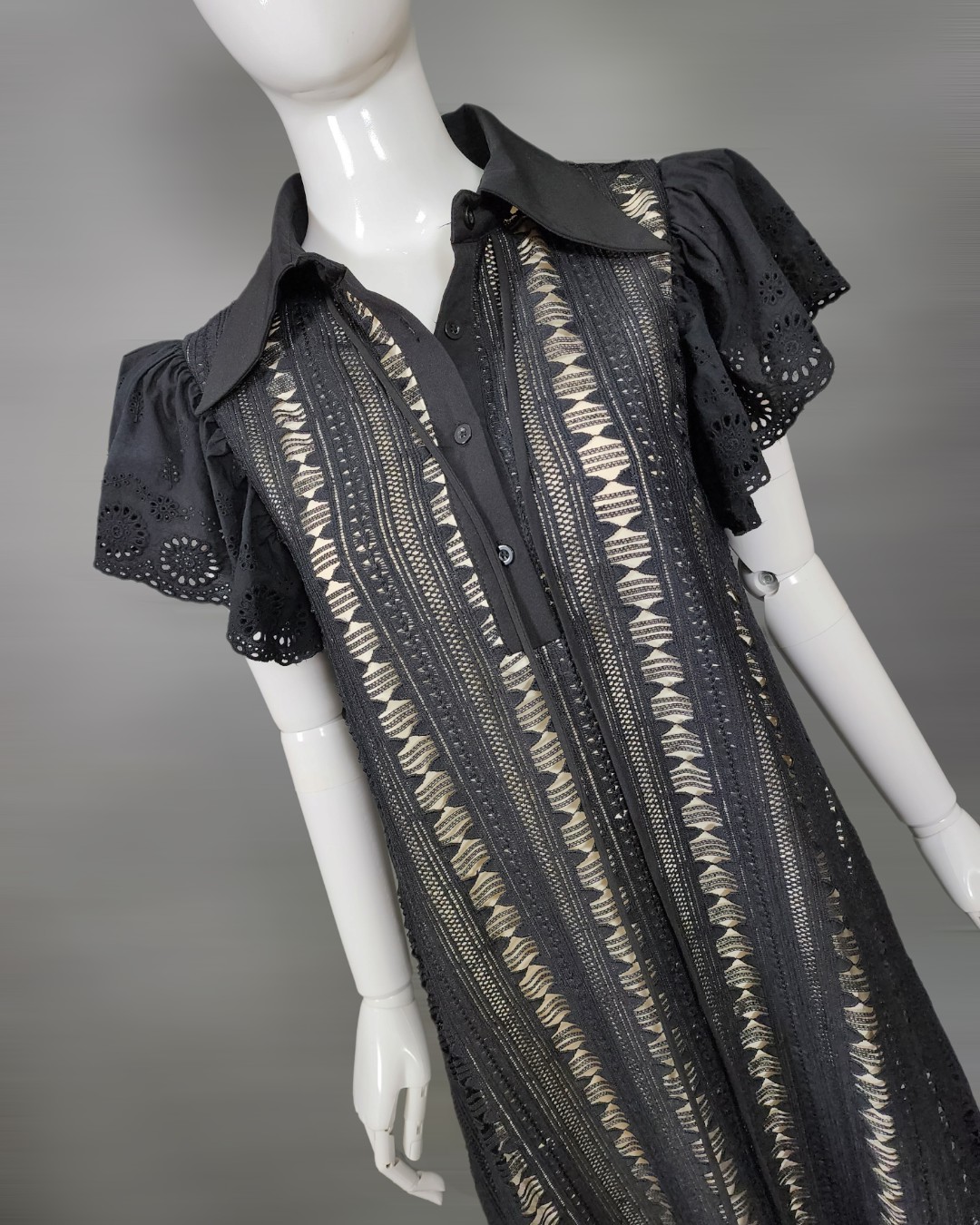 เดรสแฟชั่น เดรสเสื้อคอปกแขนระบาย กระโปรงทรงเอ แพทเทิร์นตัวหลวมใส่สบาย