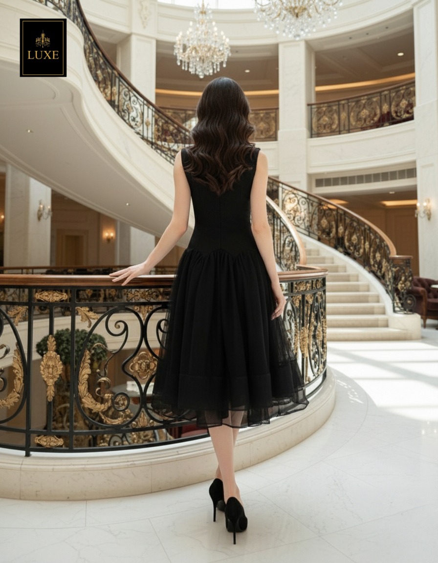 เดรสแฟชั่น เดรสเสื้อคอกลมแขนกุด กระโปรงบาน แต่งลูกปัดมุกรอบคอเสื้อ