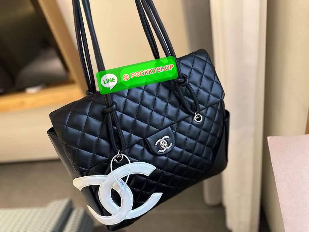 CHANEL Black Lambskin Leather Cambon Handbag Limited Edition White CC Logo RARE