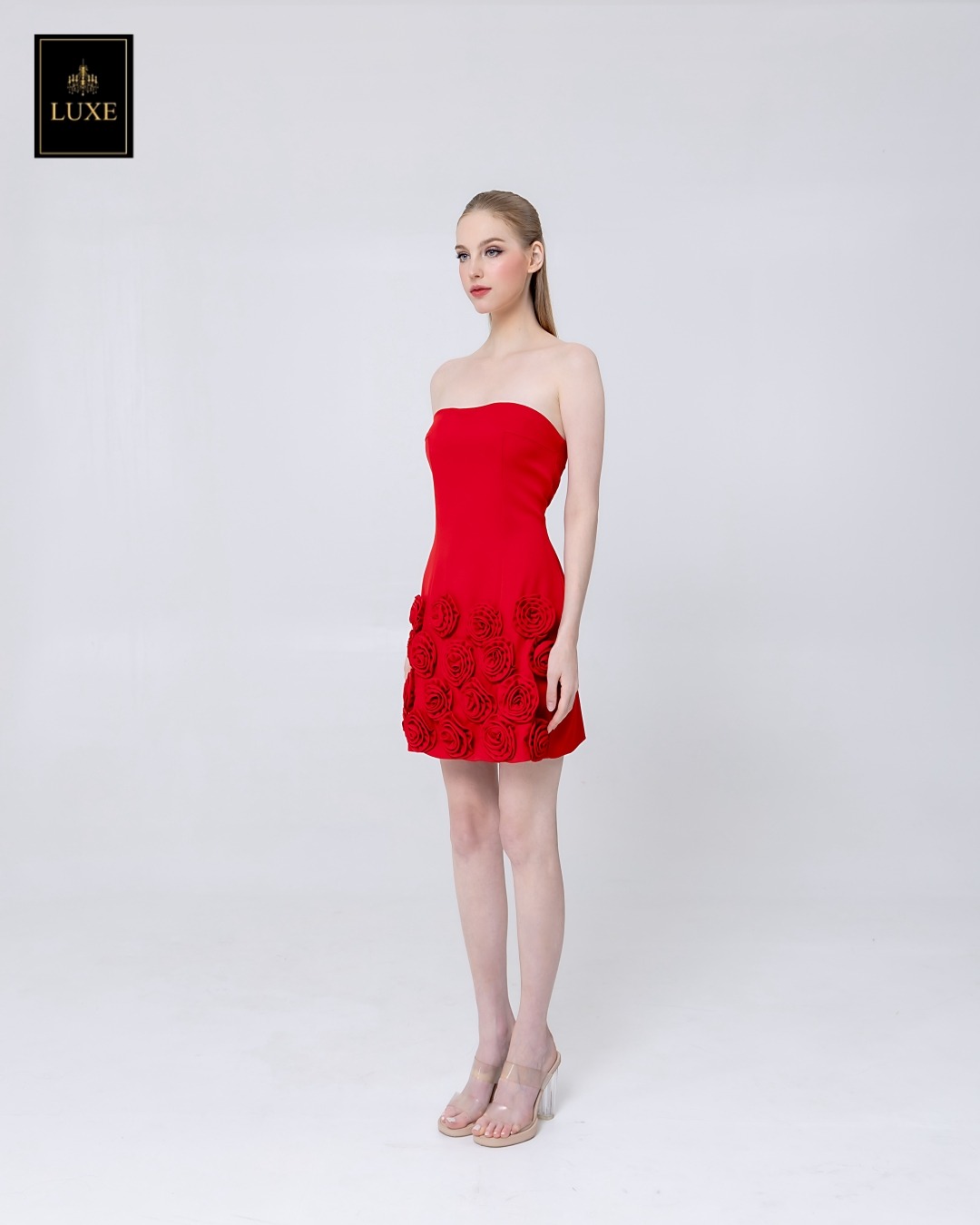 เดรสแฟชั่น เดรสเสื้อเกาะอก กระโปรงทรงเอ ทำจากผ้าฝ้ายผสมโพลีเอสเตอร์ เนื้อนุ่มยืดหยุ่น ใส่สบาย