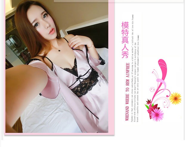 Set ชุดนอน เซ็ทชุดคลุมนอน+ สายเดี่ยวสีแชมเปญ แต่งลูกไม้ดำ