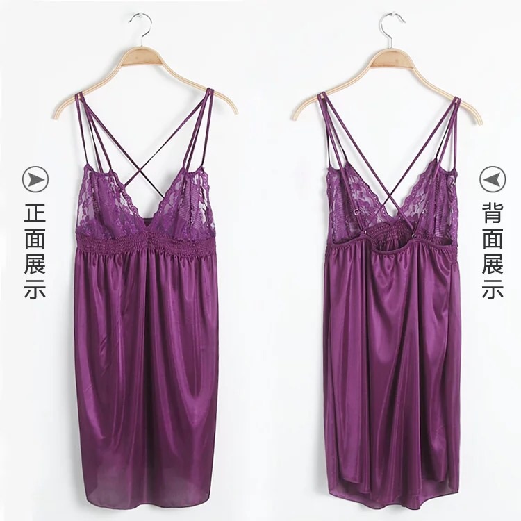 ชุดนอน สายเดี่ยว ผ้าซาติน เนื้อหรู นุ่ม สีม่วง แต่งลูกไม้ช่วงหน้าอก เพิ่มความเซ็กซี่ด้วยลูกเล่นสายแบบไขว้เก๋ๆแบบสวย หรูคะ + G string เข้าชุด ชุดนอน เซ็กซี่ เนื้อผ้าซาติน เกรด AAA นุ่ม ลื่น เย็นสบายมากๆ คะ รับรองจะติดใจ