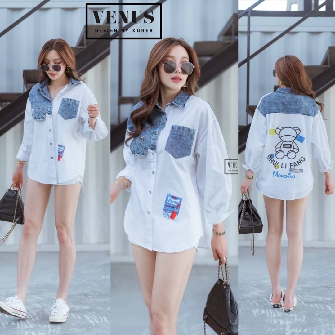 Restock ♥️♥️♥️ I'm Lady By Venus Moshino Jeans Shirt เสื้อเชิ๊ตแต่งผ้ายีนเนื้อดี ด้านหลังสกีนลายน้องหมี ตามแบบฉบับแบรนด์ดัง แม๊ทกับรองเท้าผ้าใบก็เก๋นะคะ