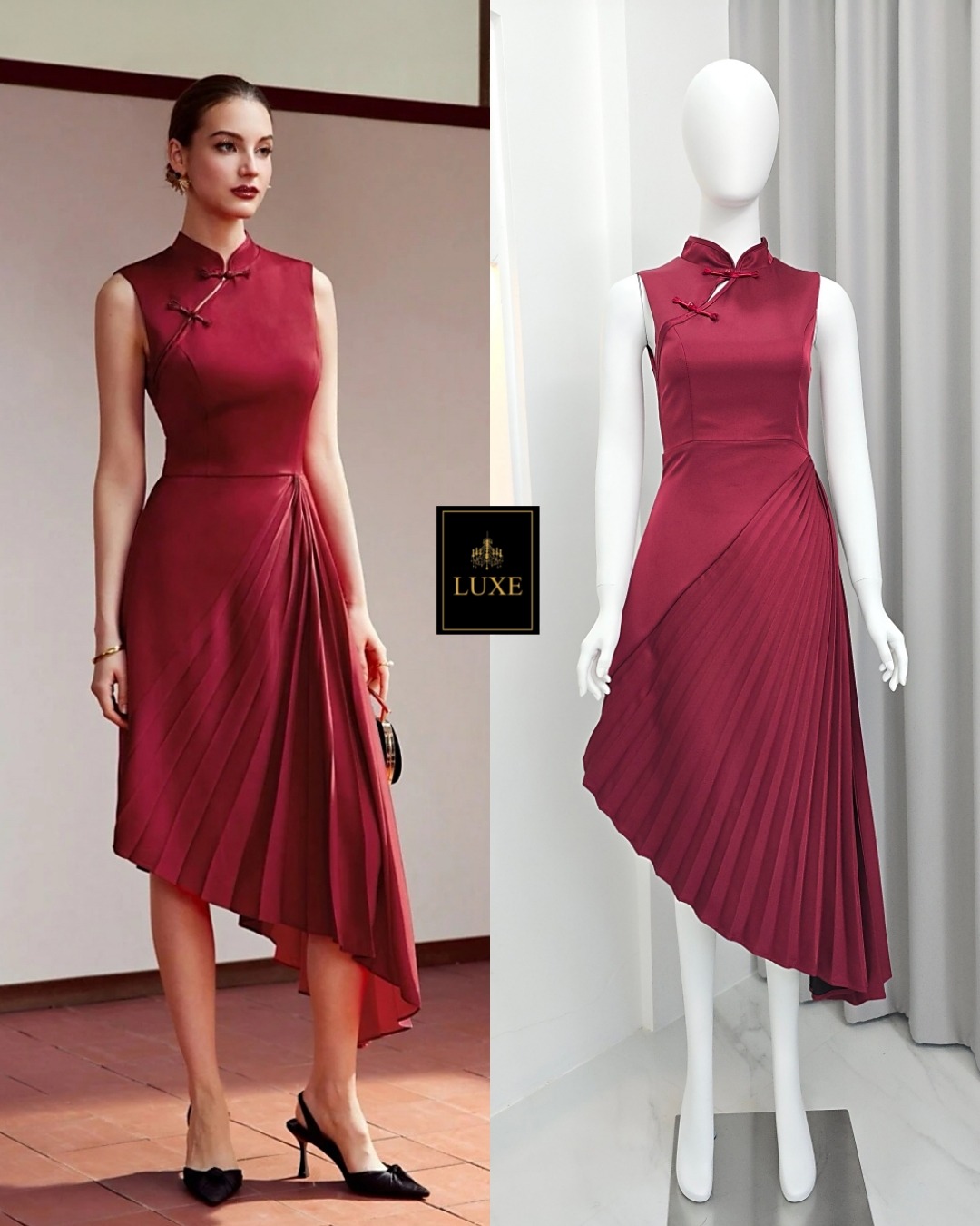 เดรสแฟชั่น เดรสเสื้อแขนกุด คอจีนสไตล์กี่เพ้า กระโปรงบาน อัดพลีทแต่งผ้าเฉลียง