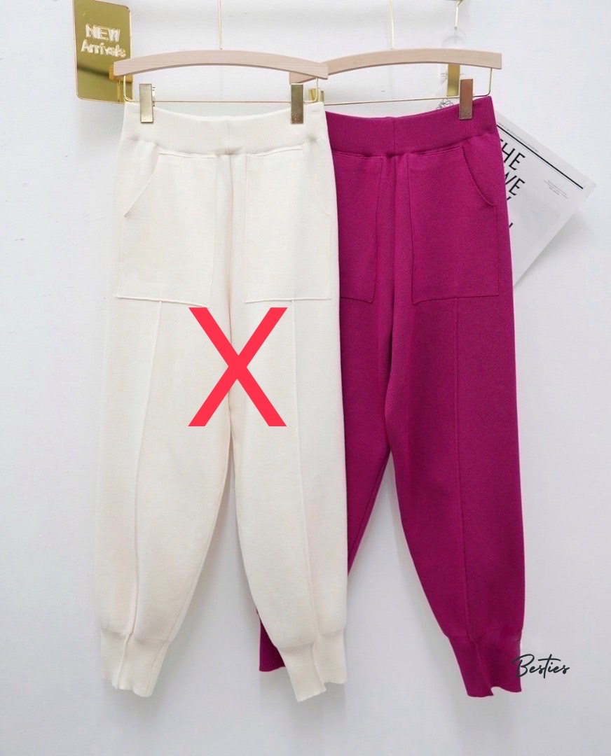 กางเกงแฟชั่น กางเกงไหมพรมขายาว รุ่นปลายขาจั๊ม ตีเกร็ดหน้า มีกระเป๋าล้วง เอวสม็อคฟรีไซส์