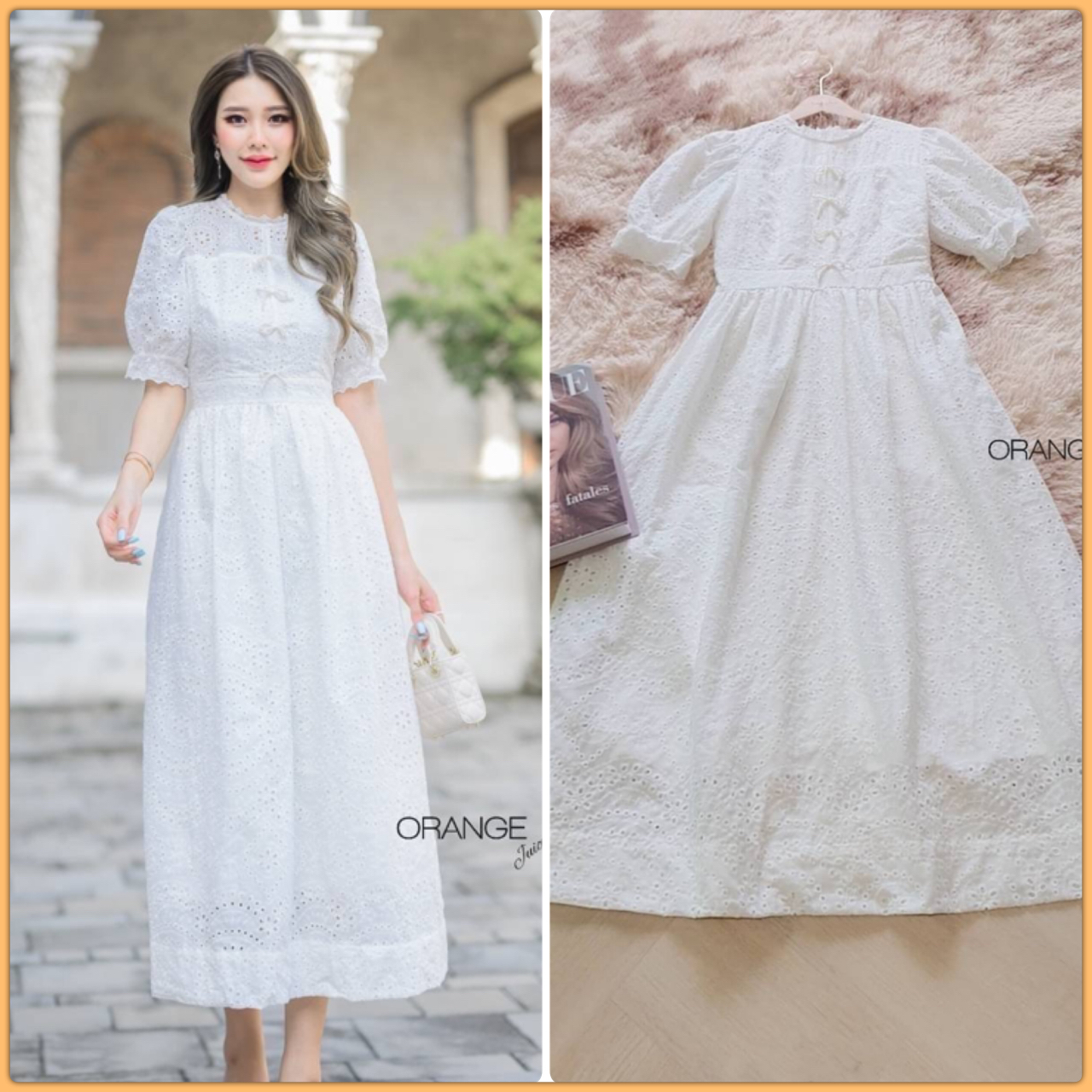 NEW ARRIVALS By Orange Juice Maxi เดรสยาวทอลายฉลุ แต่งโบมุก