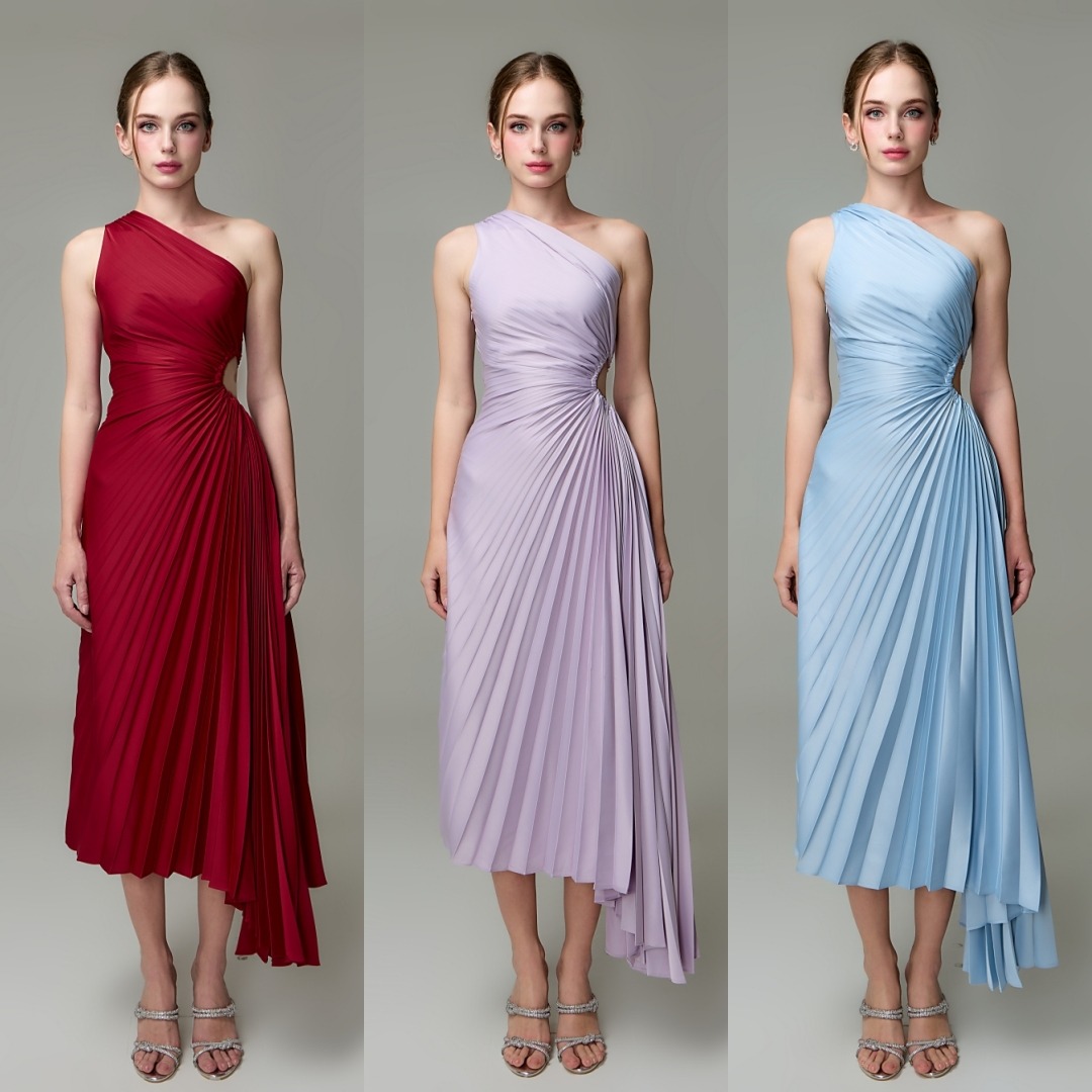 เดรสแฟชั่น เดรสเสื้อไหล่เดียว กระโปรงยาวชายเฉลียง อัดพลีททั้งตัว