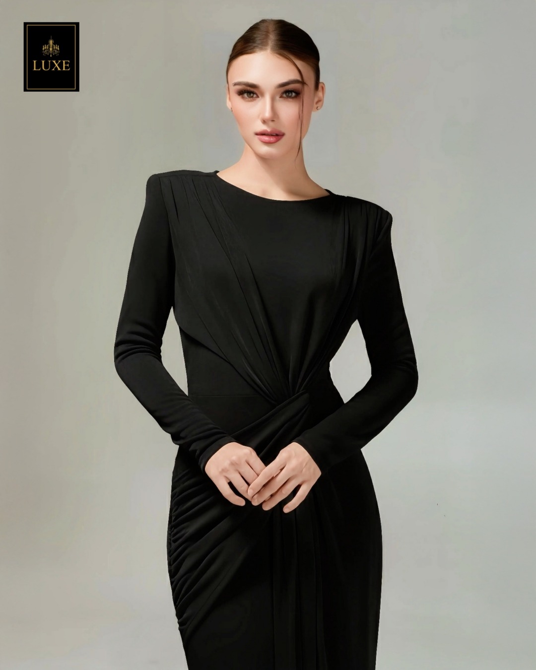 เดรสแฟชั่น แม็กซี่เดรสเสื้อคอกลมแขนยาว เสริมไหล่ กระโปรงยาวคลุมข้อเท้า