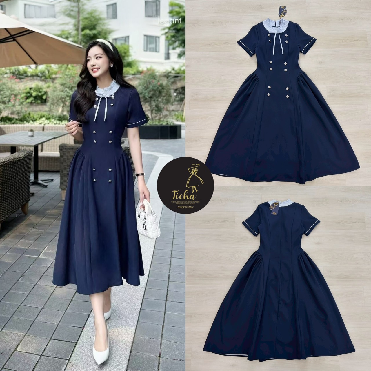 เดรสแฟชั่น Maxi เดรสแขนสั้นสีกรม คอเต่า ดีเทลช่วงคอระบายตามขอบสีฟ้า