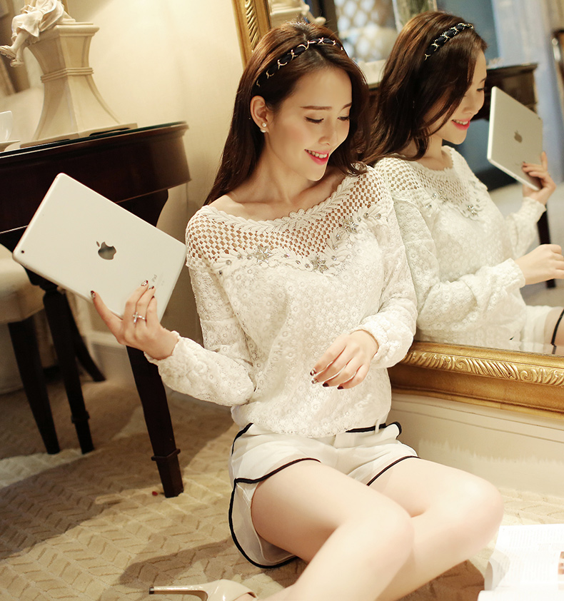 KTFN เสื้อลูกไม้ทั้งตัว เนื้อนิ่ม ยืดหยุ่น แต่งคริสตัลหน้าอก แขนยาว