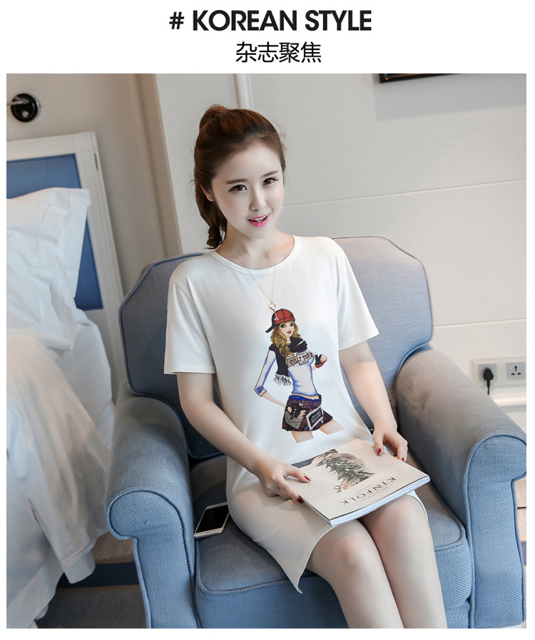 เดรสแฟชั่นผ้าคอตตอน พิมพ์ลายการ์ตูนผู้หญิงแฟชั่น สีขาว