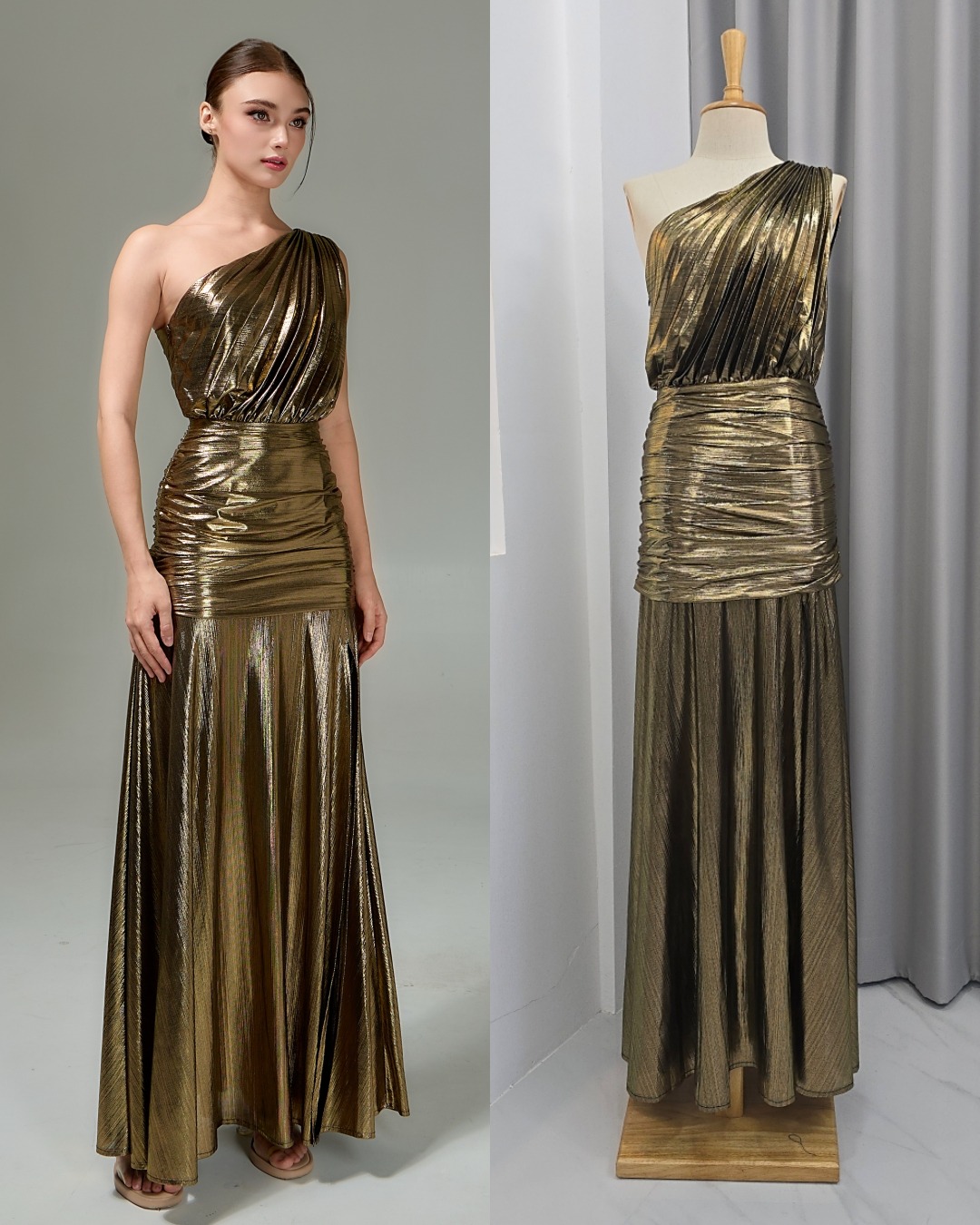 เดรสแฟชั่น แม็กซี่เดรสเสื้อไหล่เดียวอัดพลีท กระโปรงเข้ารูปตรงสะโพก