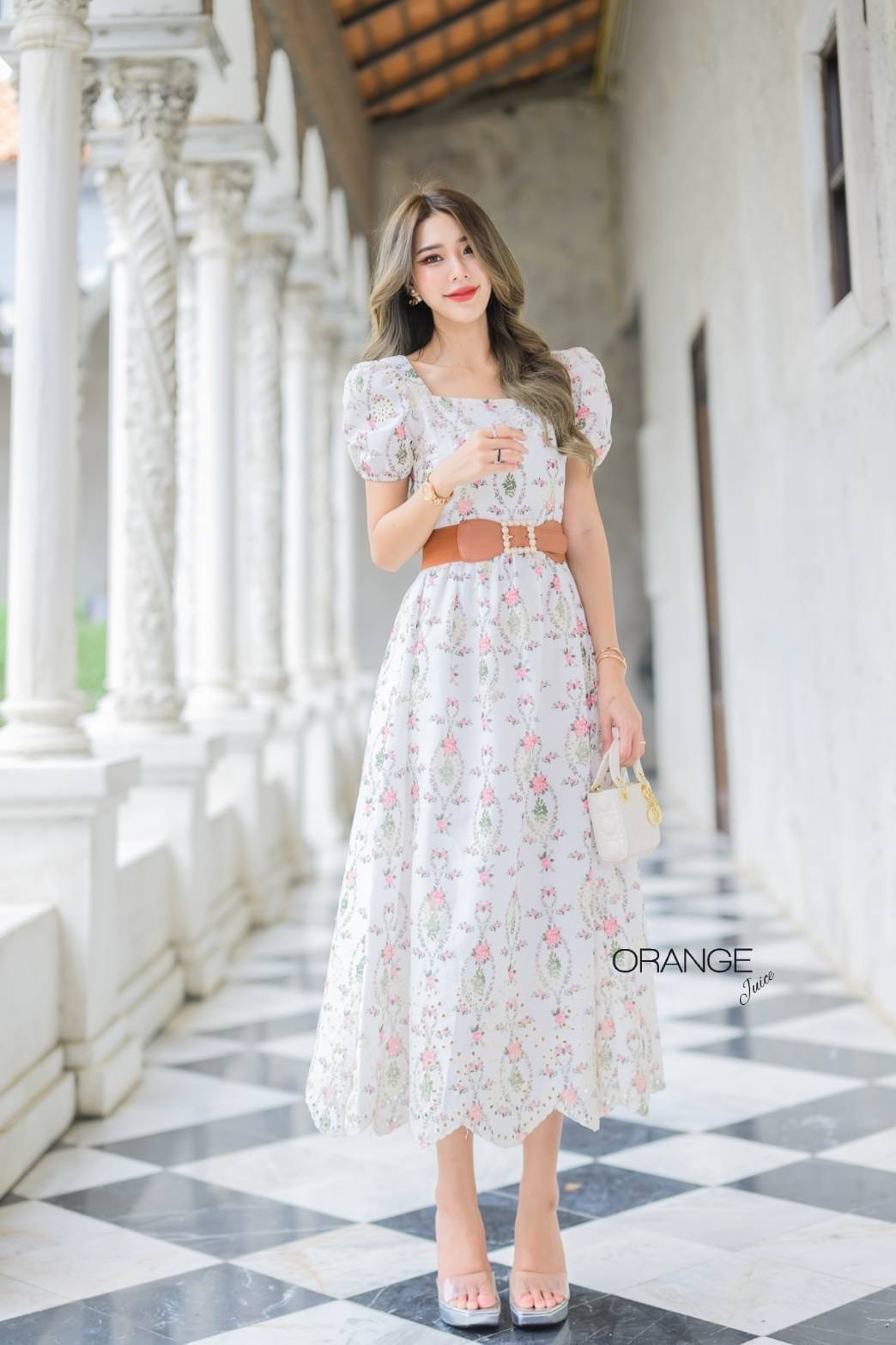 NEW ARRIVALS By Orange Juice Maxi เดรสยาวผ้าฉลุ พิมลาย พร้อมเข็มขัด