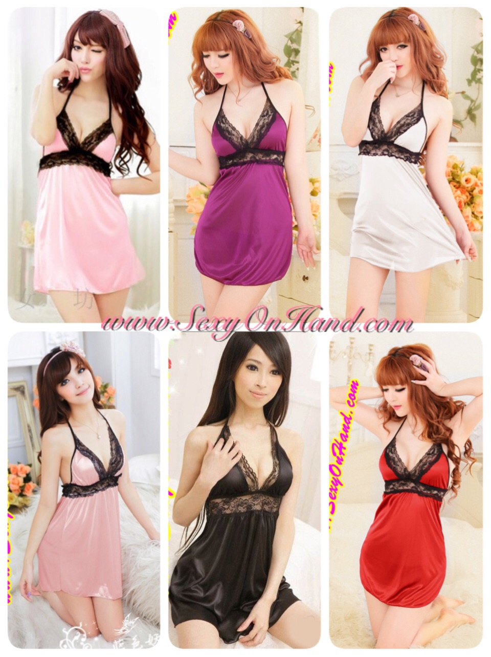 ชุดนอนเซ็กซี่ ชุดนอนซาติน เนื้อนุ่ม คล้องคอ สีแดงสด แต่งลูกไม้ดำช่วงอก +G string เข้าชุดคะ