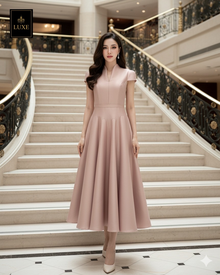 เดรสแฟชั่น เดรสเสื้อคอตั้ง แขนสั้น กระโปรงบาน