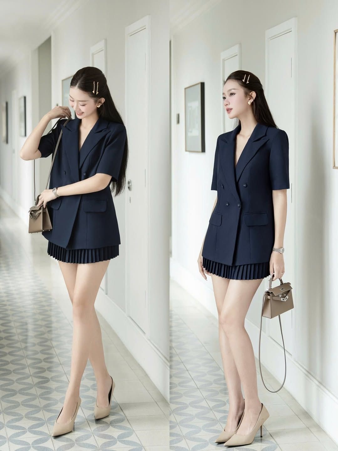 ชุดเซทแฟชั่น เซ็ตเบรเซอร์แขนสั้นทรง oversize มาพร้อมกระโปรงพลีทสั้น