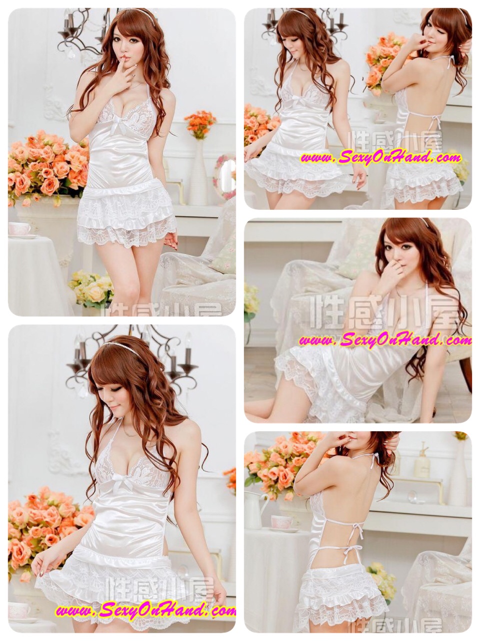 ชุดเซ็กซี่ ชุดกระโปรง เปลือยหลัง แบบผูกคอ ผ้าซาติน สีขาวแต่งลูกไม้ ช่วงอก เล่นระบายชั้นๆ ลูกไม้สลับผ้าซาตินช่วงกระโปรง สวยหวาน แบบเจ้าหญิงด้านหน้า แต่ซ่อนความเปรี้ยวจี๊ดส์ เข็ดฟัน ด้วยแบบเปลือยหลัง +G string เข้าชุดคะ