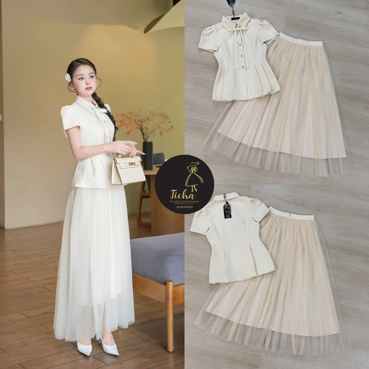 ชุดเซทแฟชั่น Set.3 ชิ้นเสื้อ+ กระโปรง+เข็มกลัด เสื้อแขนสั้นคอปกสีครีม ดีเทลแต่งกระดุมเพชรด้านหน้า