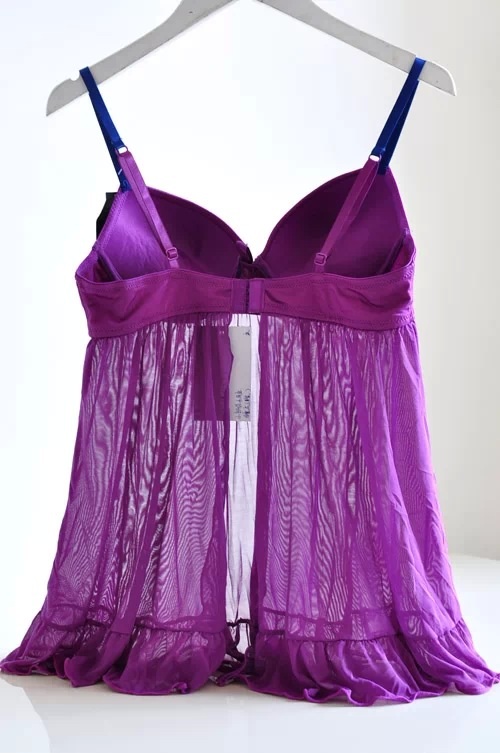 ชุดนอน สายเดี่ยวแต่งลูกไม้ สีม่วง งานเกรดพรีเมี่ยม ติดตะขอด้านหลัง Size XL (C85/D70/D75/D80 )