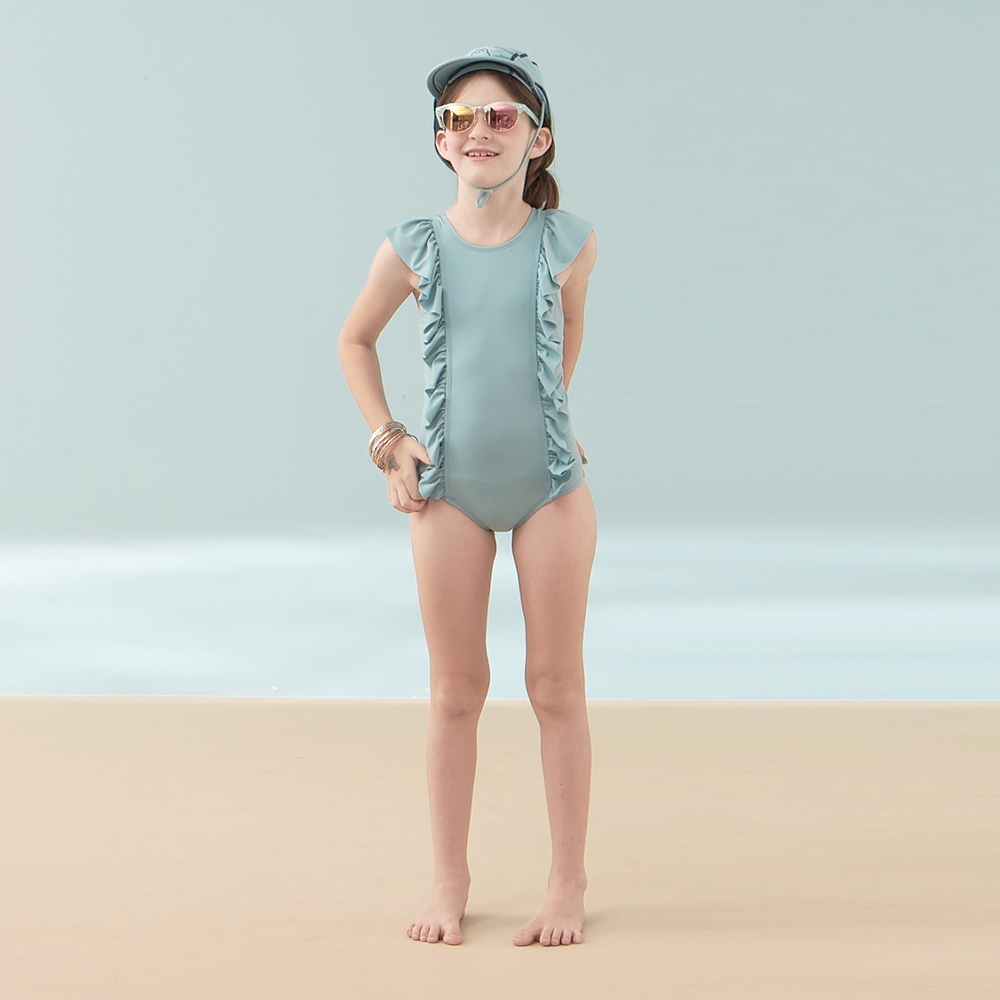 kidsumplay oneshoulder ruffle ชุดว่ายน้ำเด็กหญิงป้องกัน UV แบบระบายไหล่และข้าง