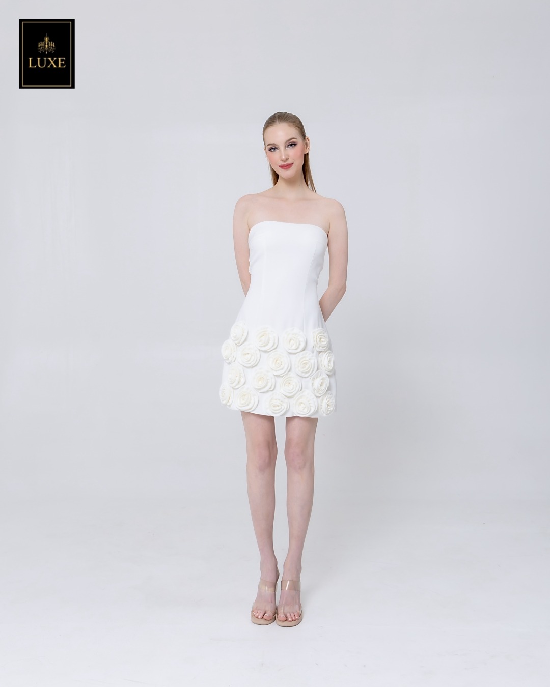 เดรสแฟชั่น เดรสเสื้อเกาะอก กระโปรงทรงเอ ทำจากผ้าฝ้ายผสมโพลีเอสเตอร์ เนื้อนุ่มยืดหยุ่น ใส่สบาย