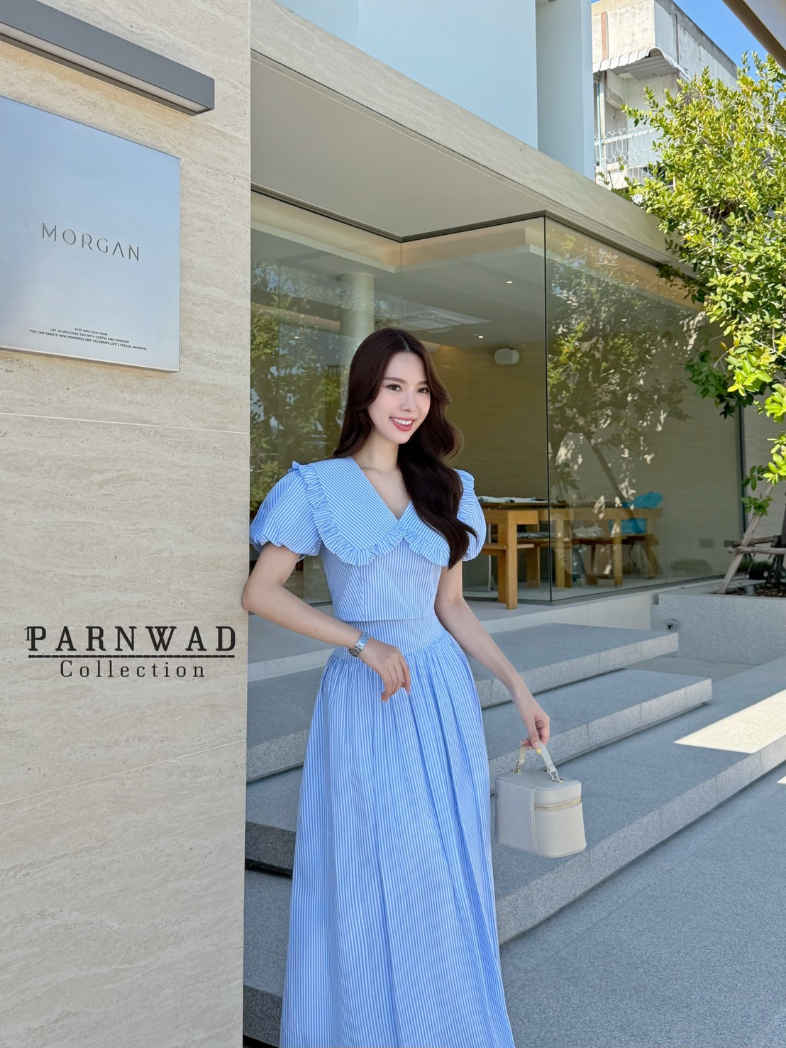 ชุดเซทแฟชั่น Set เสื้อคอปกแขนตุ๊กตาซิปหลัง มาพร้อมกับกระโปรงเอวสูงจับจีบ