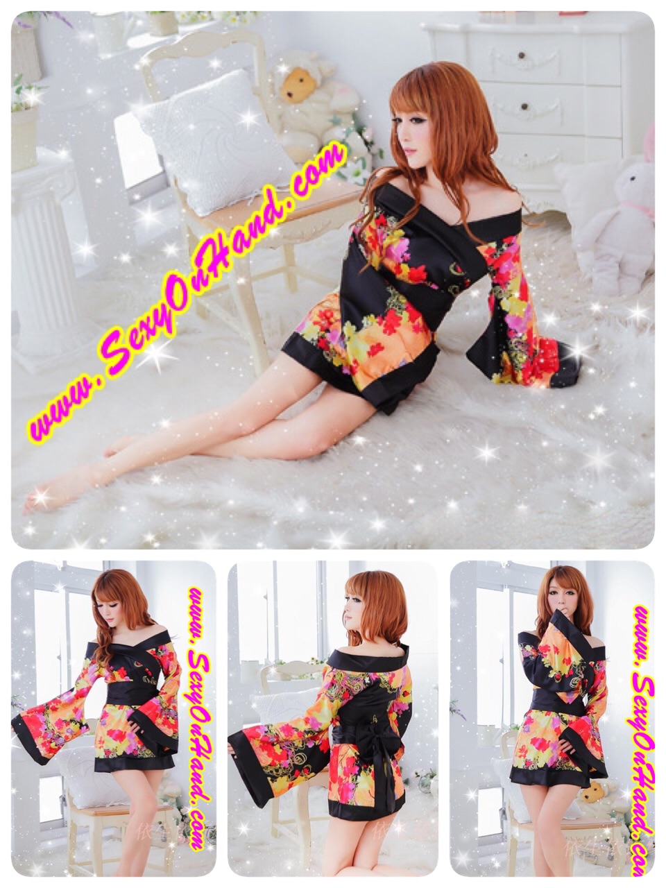 ชุดกิโมโน สไตล์นางรำญี่ปุ่น แนวเกอิชา ปลายแขนบาน สีสด โทนดำ-ส้ม สวยเซ็กซี่ เย้ายวน พร้อมจีสตริงเข้าชุดคะ