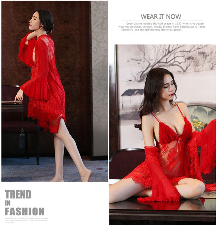 เซ็ทชุดคลุมนอน เซ็กซี่ set ชุดคลุมนอนซีทรูสีแดง แต่งลูกไม้ซีทรู เนื้อผ้าทิ้งตัว สวยหรูมากคะ (ในเซ็ทประกอบด้วย ชุดคลุม+สายเดี่ยว+ G-string)