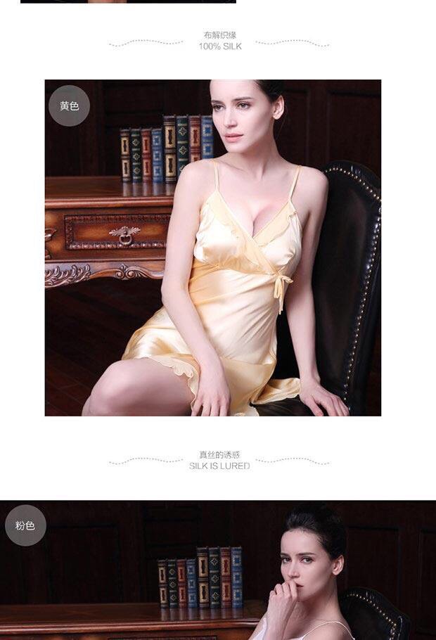 ชุดนอนผ้าไหม สีชมพูอ่อน เนื้อผ้าหรู แต่งระบายช่วงอก